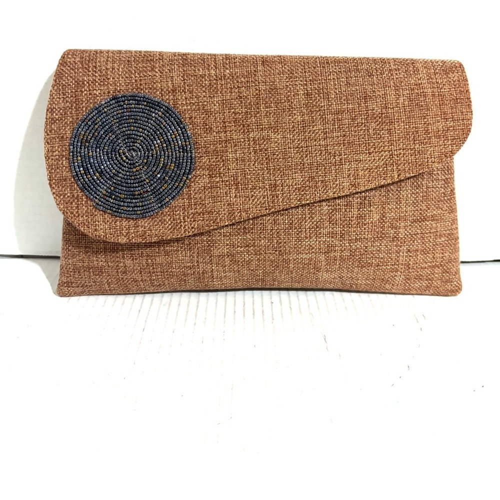 Elegant Tan Clutch with Blue Accent